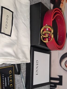 Authentic Gucci Pink-Red Leather Belt with Gold Double G Buckle